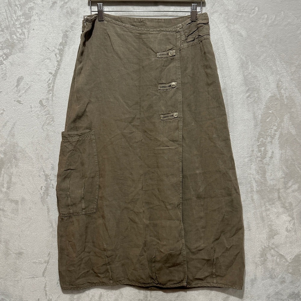 CANNISSE Linen Cargo Midi Skirt Faux Wrap Lagenlook Size 8